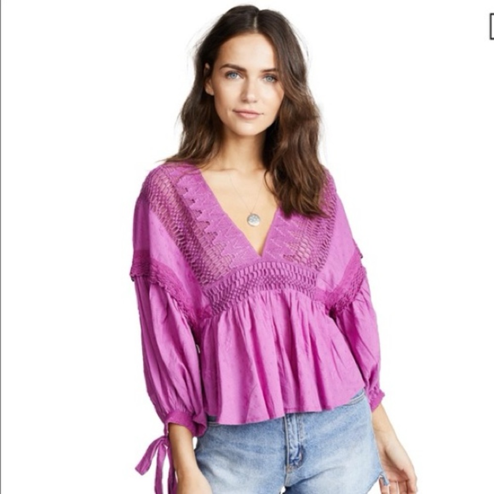 NWOT Free People Drive You Mad Blouse Cotton Lacy Embroidered Neon Orchid 💜🩷